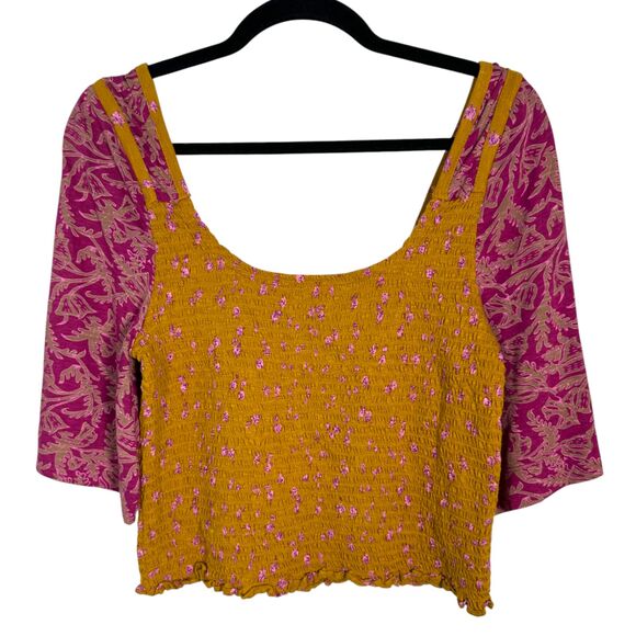 Free People Marigold Smocked Square Neck Golden Combo Size Large - Picture 2 of 8